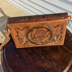 Vintage Brown Leather Floral Embossed Women's Bag